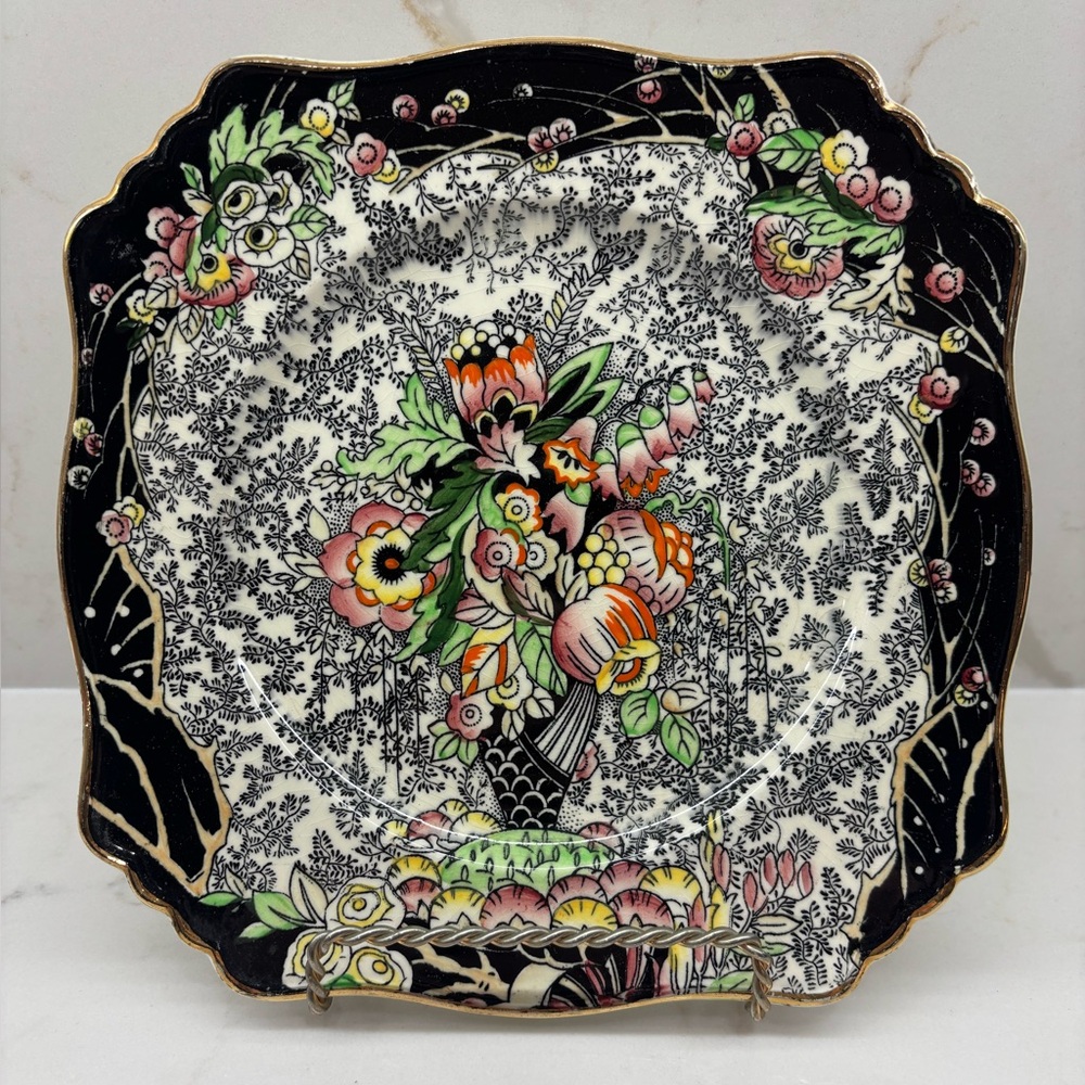 Rare Vintage Royal Winton Grimwades Black White Floral Plate Made in England